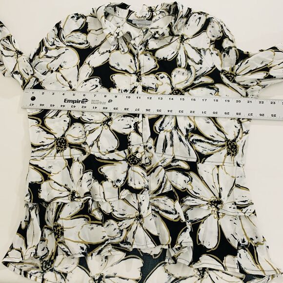 Habitat Blouse Women M White Black Floral Button Up Artsy Feminine Career Office - Picture 7 of 10